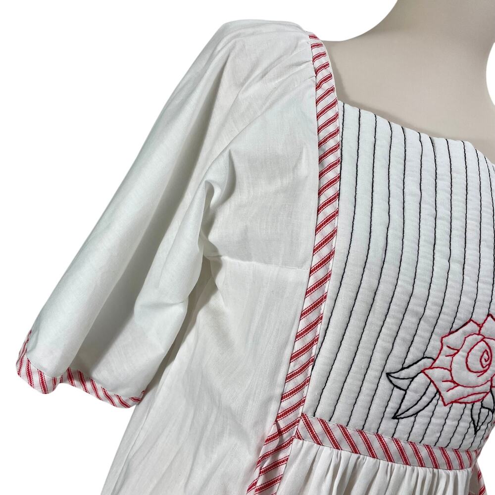 Vintage 70s Peasant House Dress Retro Rose White/Red Striped Trim Medium USA - Picture 10 of 12